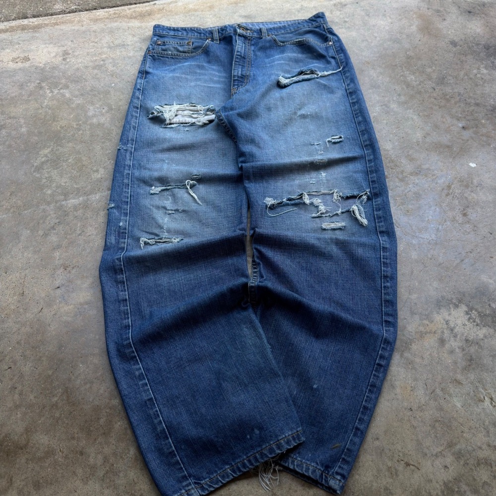 Vintage Y2K Polo Ralph Lauren Baggy Jeans Distressed Wide Leg Blue 34x32 (F1) - Picture 1 of 8